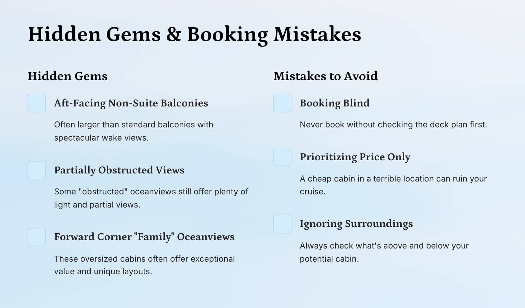 Hidden gems and booking mistakes when choosing a cruise cabin